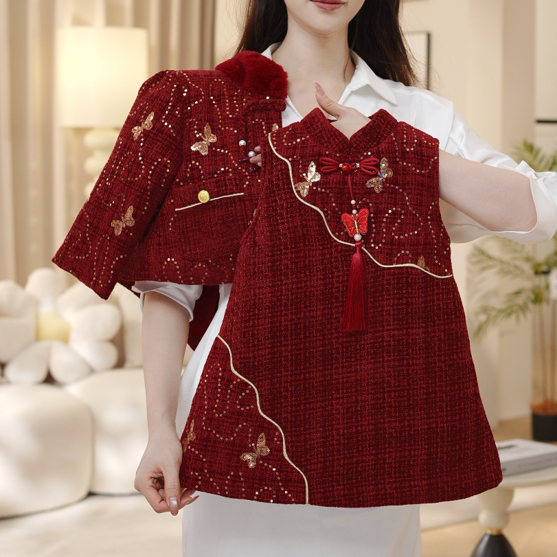 【蝶】冬季女童加厚红色新中式蝴蝶小香风上衣外套背心裙套装30858