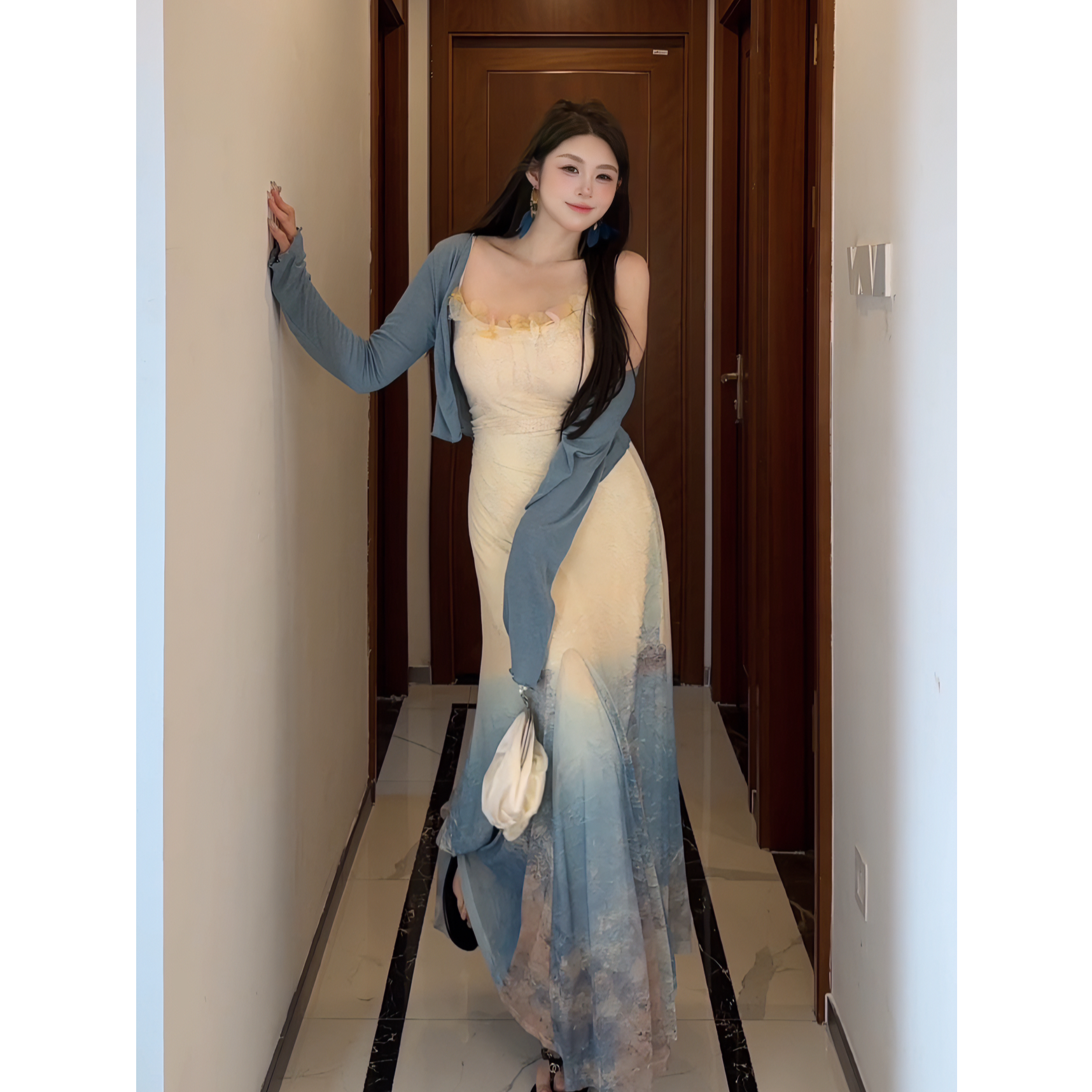 白77-大码女装度假风吊带连衣裙气质纯欲显瘦鱼尾插片裙开衫12216