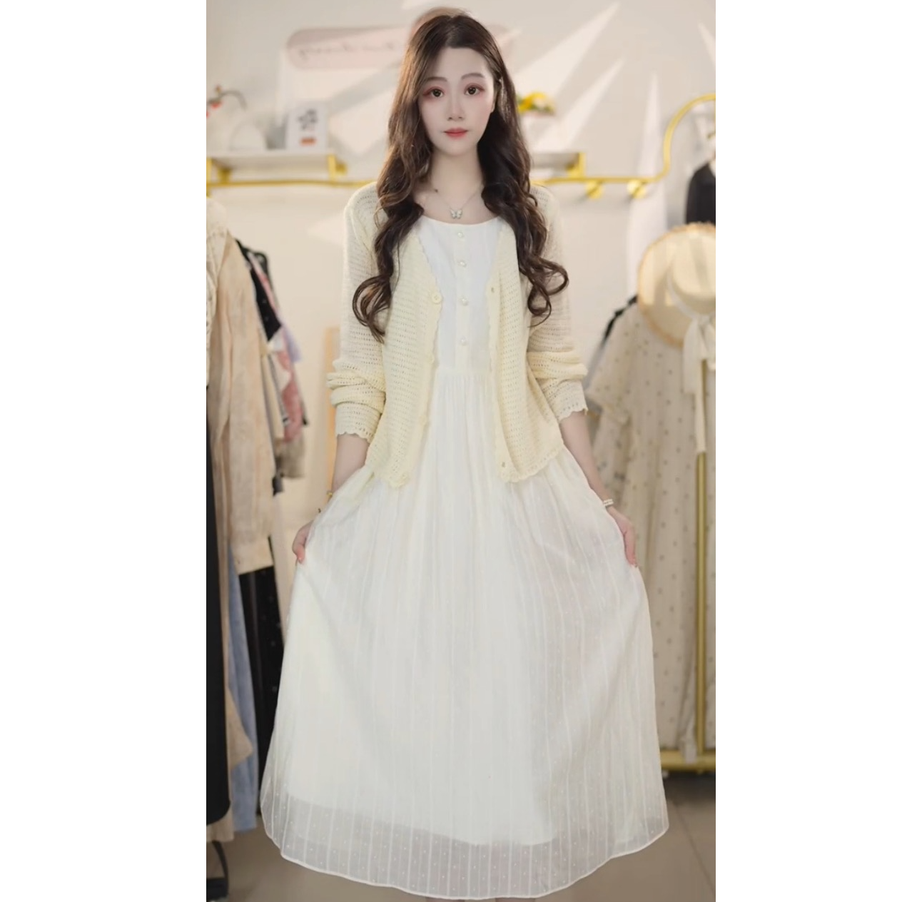 甜美温柔风连衣裙女2025秋季新款开衫收腰两件套装Y768163