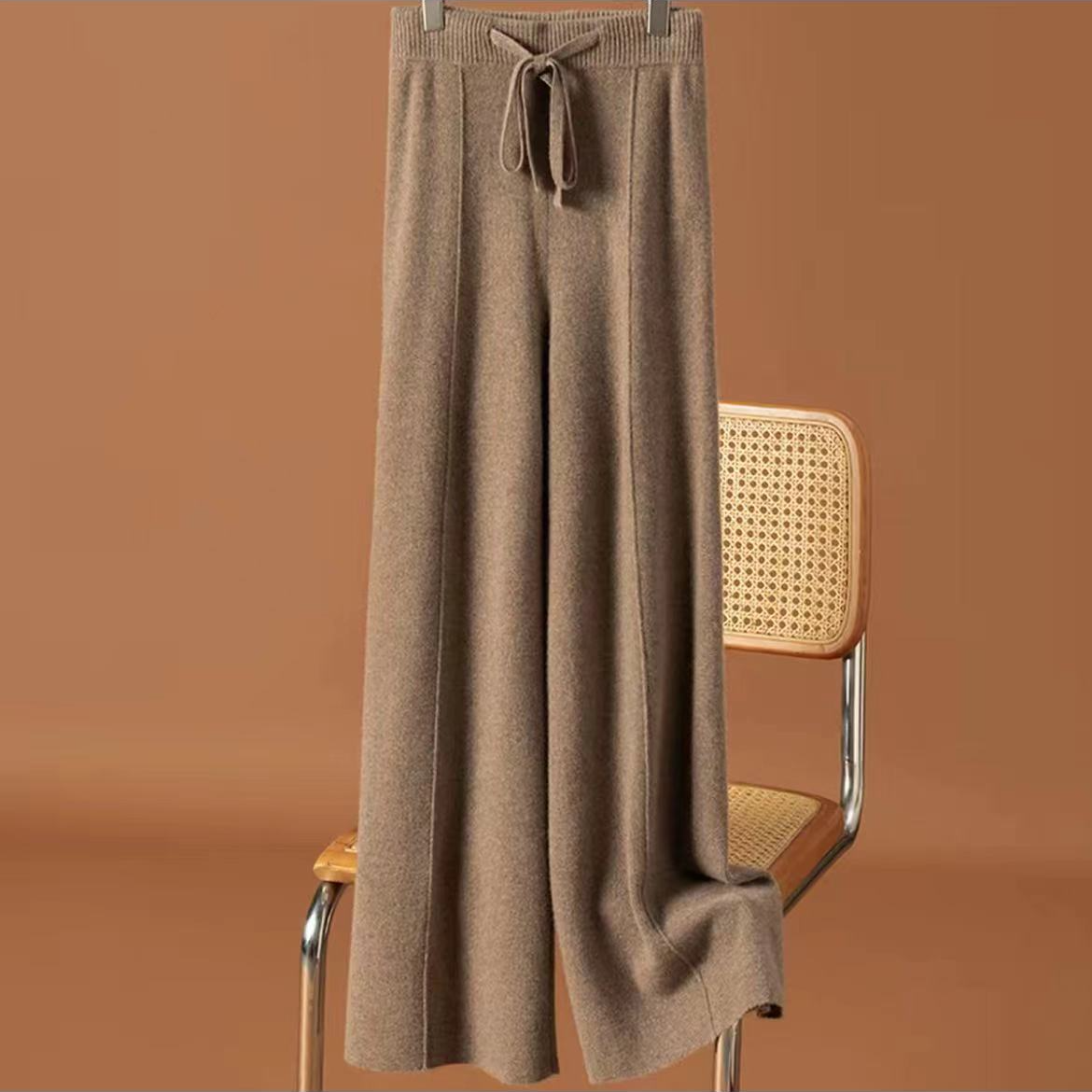 【新款加厚】新款羊绒阔腿裤女抽条垂感高腰直筒裤针织百搭宽松