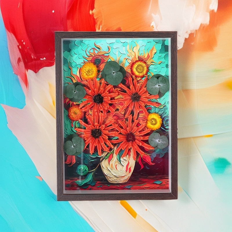 旭日●31.5X23胡桃木框抽象花卉油画餐厅卧室装饰画简约永生花画