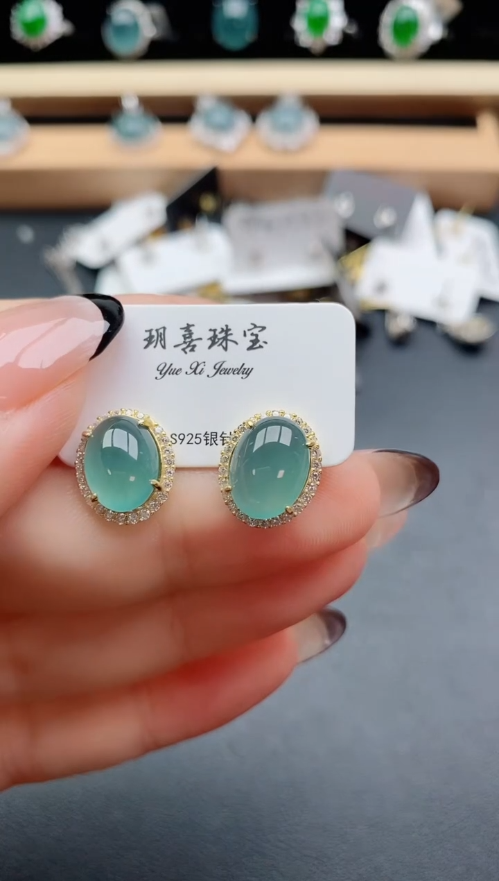翡翠银S925镶嵌耳饰50870