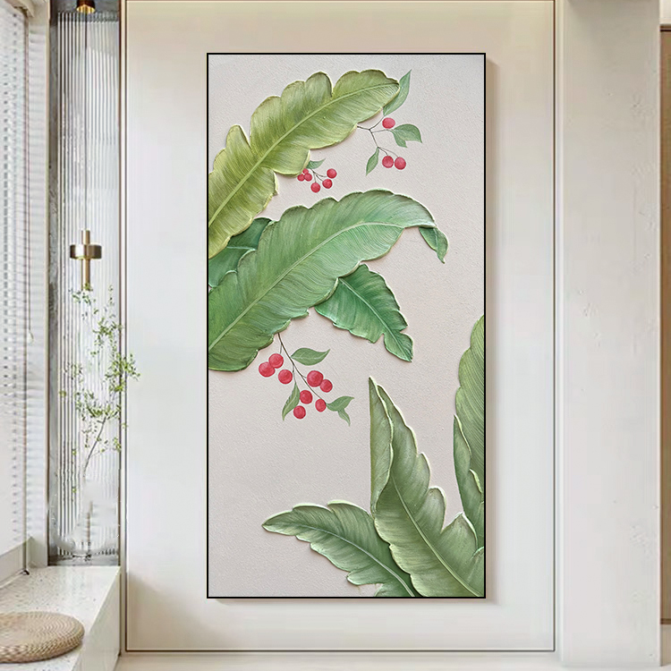 纯手绘玄关油画《大业鸿程》叶子肌理客厅沙发背景墙挂画走廊过道画