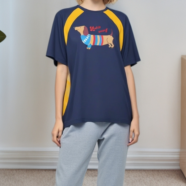 A3002蓝拼撞色英文卡通印花T恤