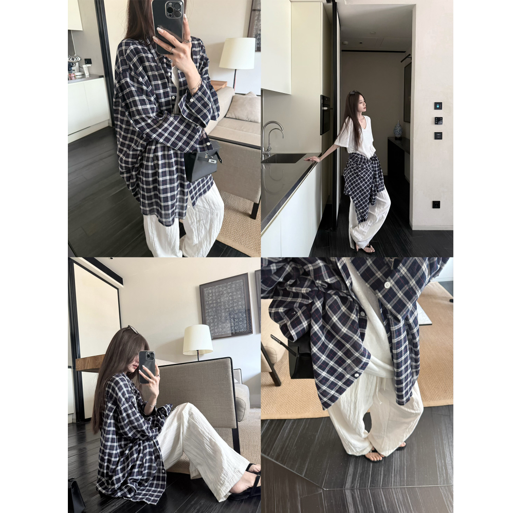 天选格纹配色巨巨大件松弛宽松格子衬衫上衣女休闲时尚秋季设计感