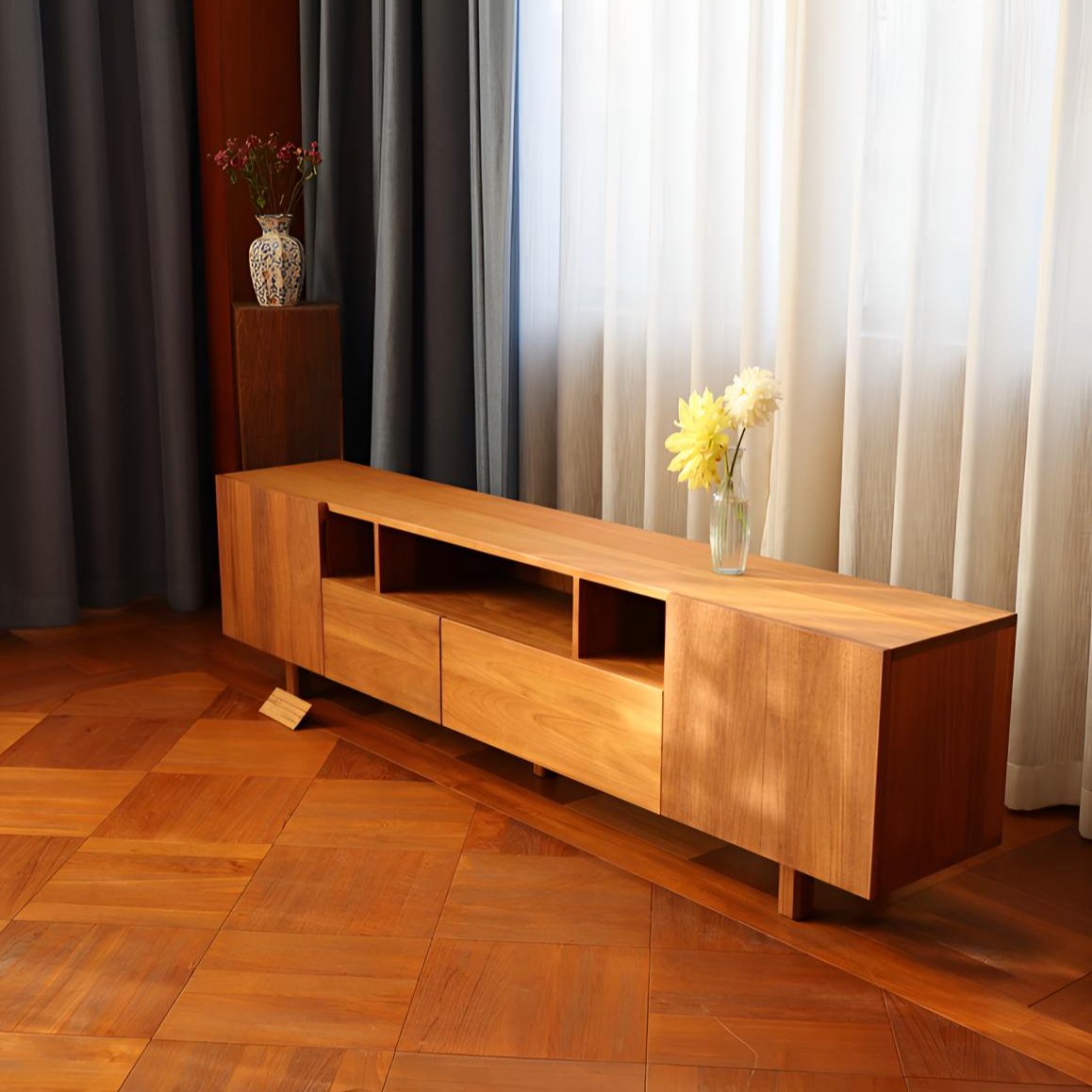 静屿电视柜 矮柜缅甸柚木落地储物客厅原木简约家用