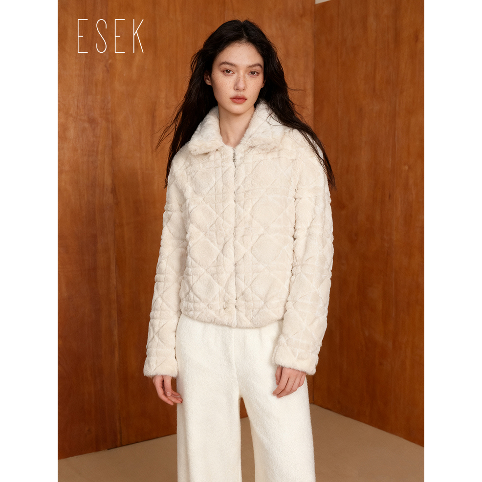 ESEK 短款千金风长袖女短外套毛绒休闲宽松