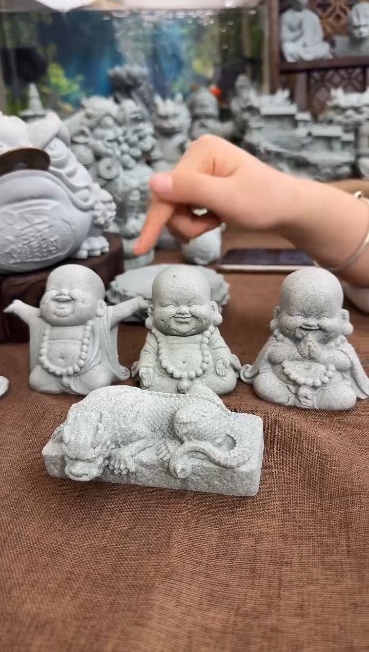 石材青砂石弥勒三件套