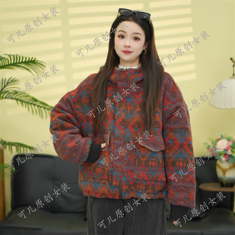 双面穿棉服韩版宽松民族风提花连帽加绒加厚款棉衣外套女装