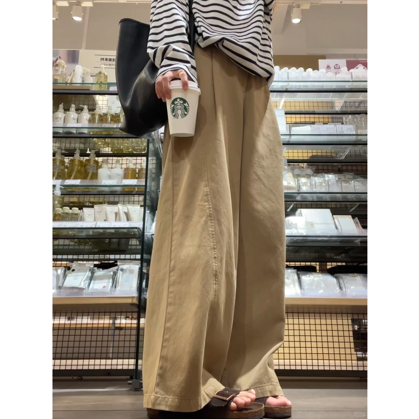 韩版复古深卡其阔腿裤女2025早秋新款直筒宽松慵懒风裤子