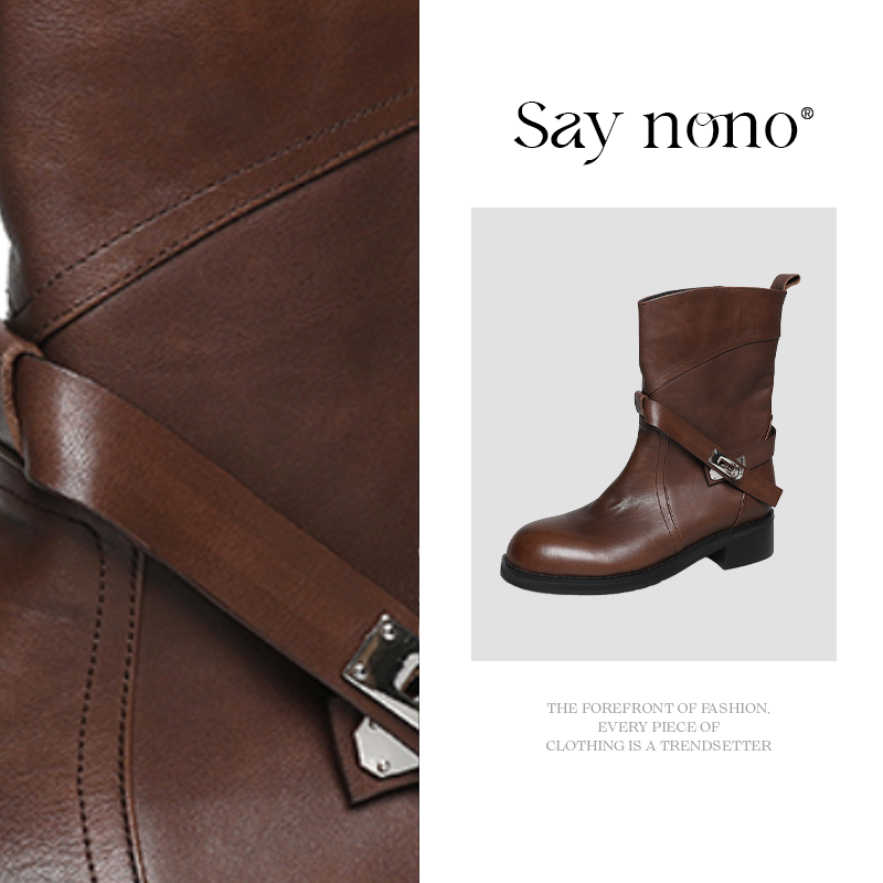 Say nono 圆头粗跟通勤时装靴四季秋冬复古头层牛皮短筒靴短靴