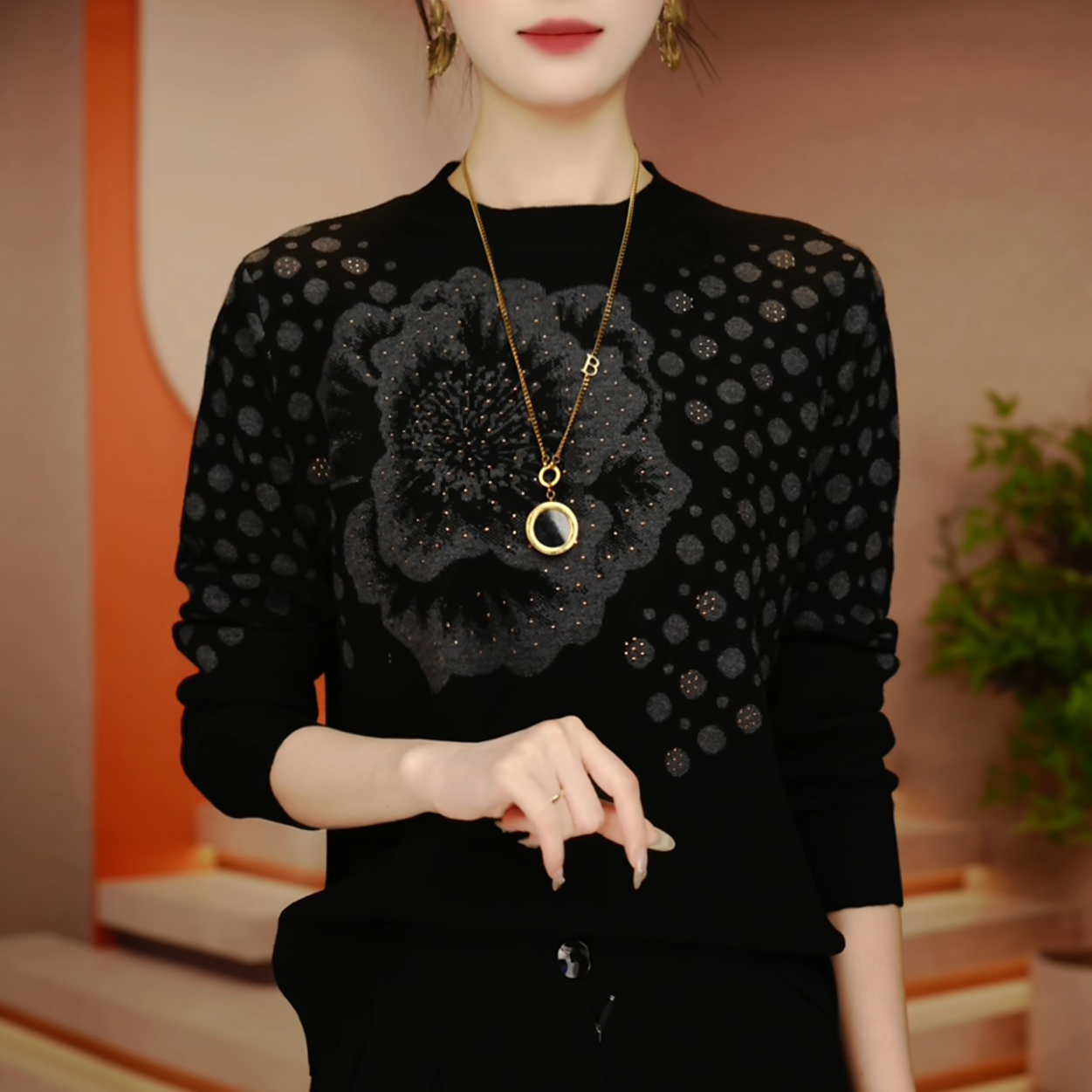 C250438-秋冬新款抗起球高端显瘦减龄洋气宽松女士气质时尚