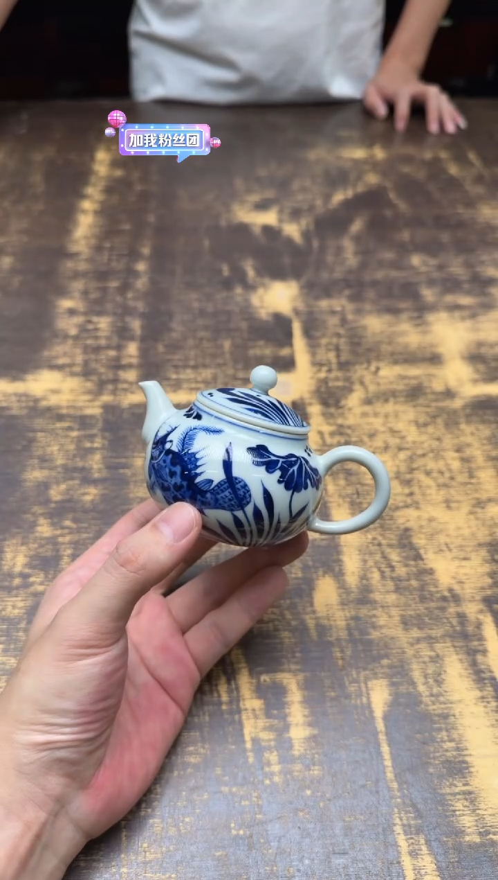 戏墨柴窑 青花鱼藻容天壶