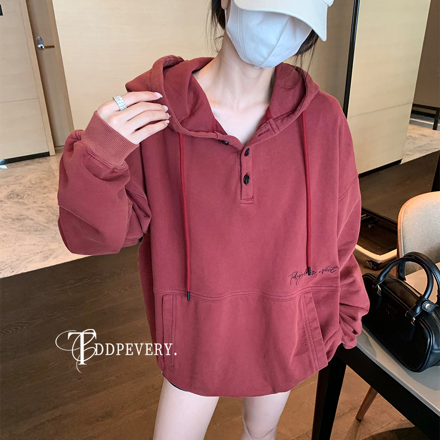 TDDP 字母刺绣复古连帽卫衣女新款秋季设计感宽松慵懒风外套