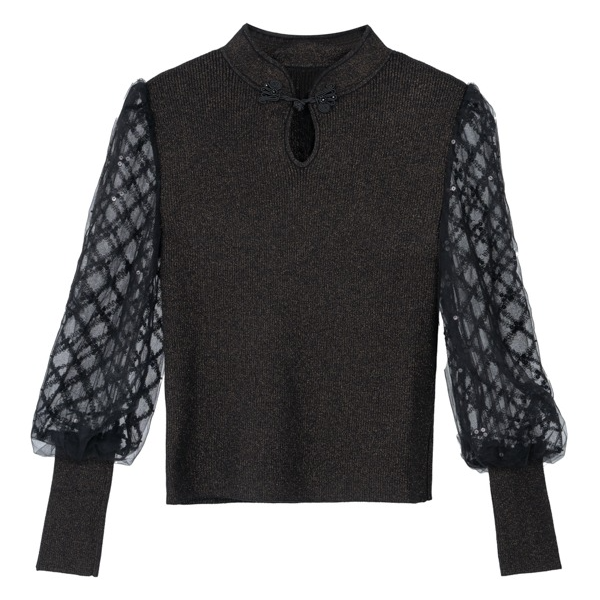 【小铃铛】她翼春季镂空盘扣泡泡袖针织衫上衣CW2241333788S