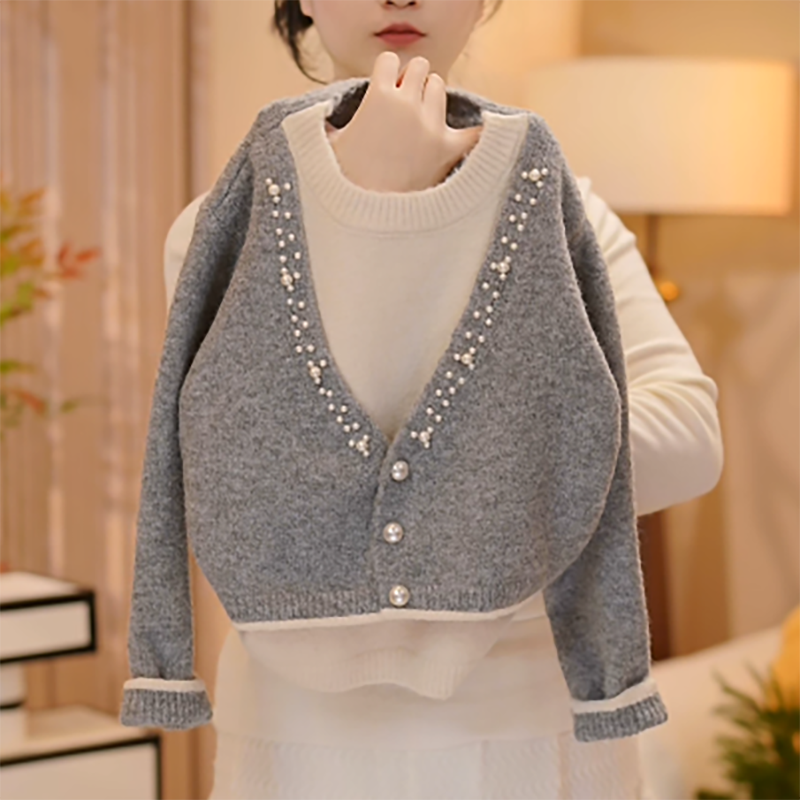 【米小洛】2025冬季新款儿童韩版珍珠V领假两件百搭时尚针织毛衣