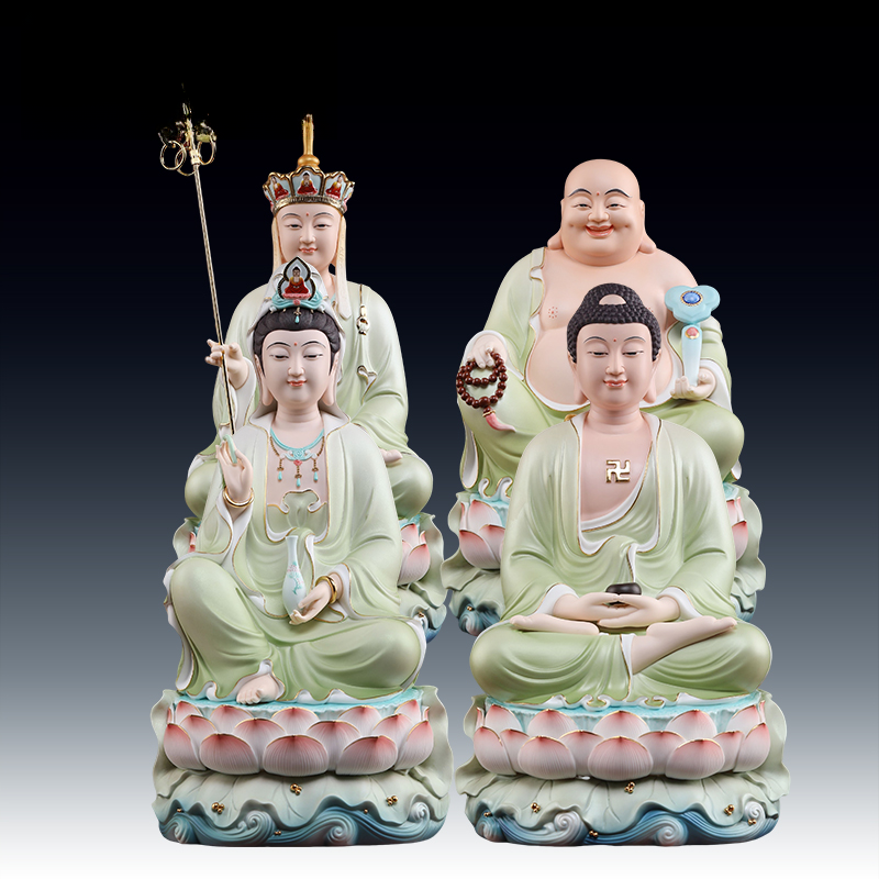七珍 陶瓷16英寸18英寸全堂佛 如/来弥勒观音地/藏摆件家用装饰品