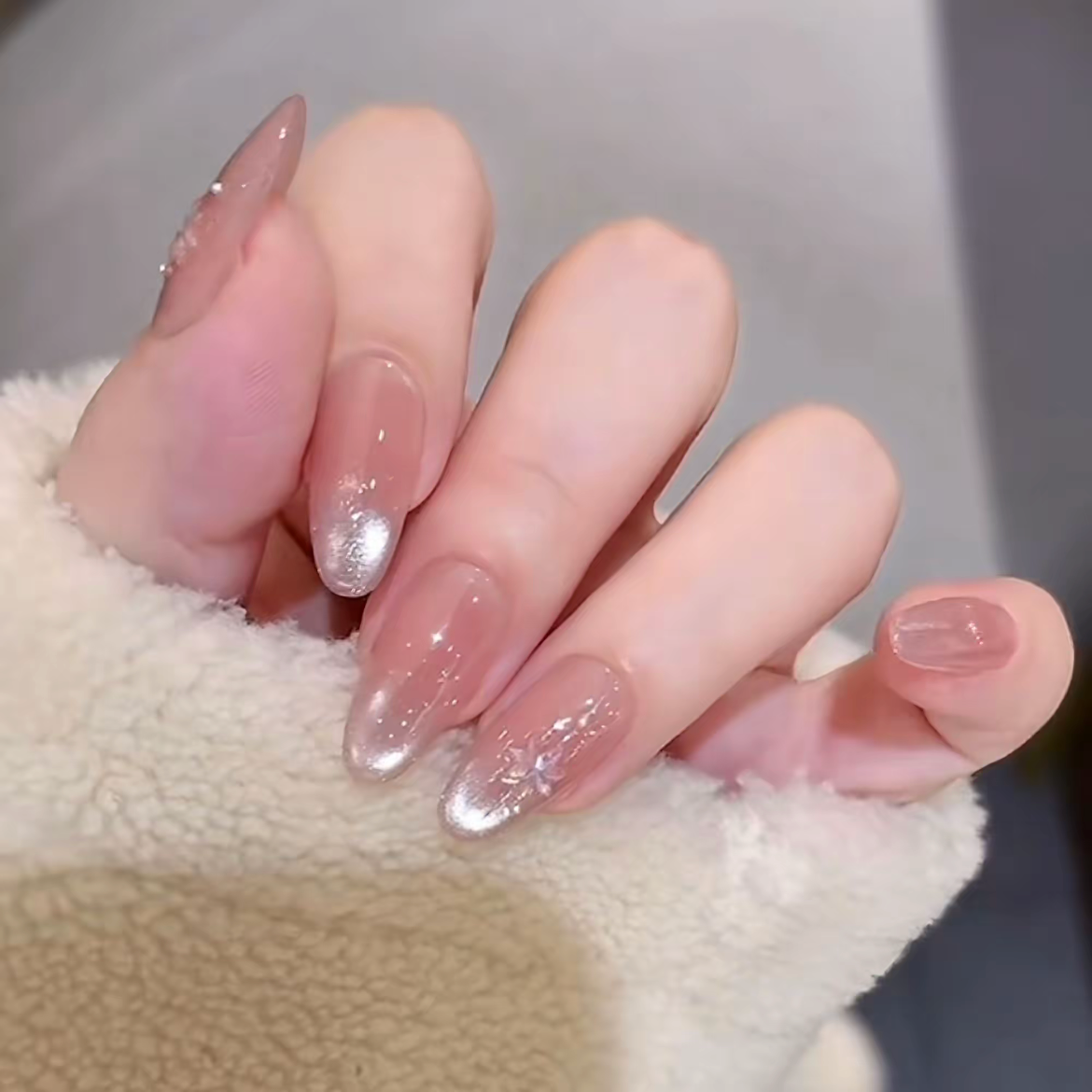 【瑞雪丰年】秋冬裸色雪花猫眼美甲穿戴甲中长款高级感日常气质美甲