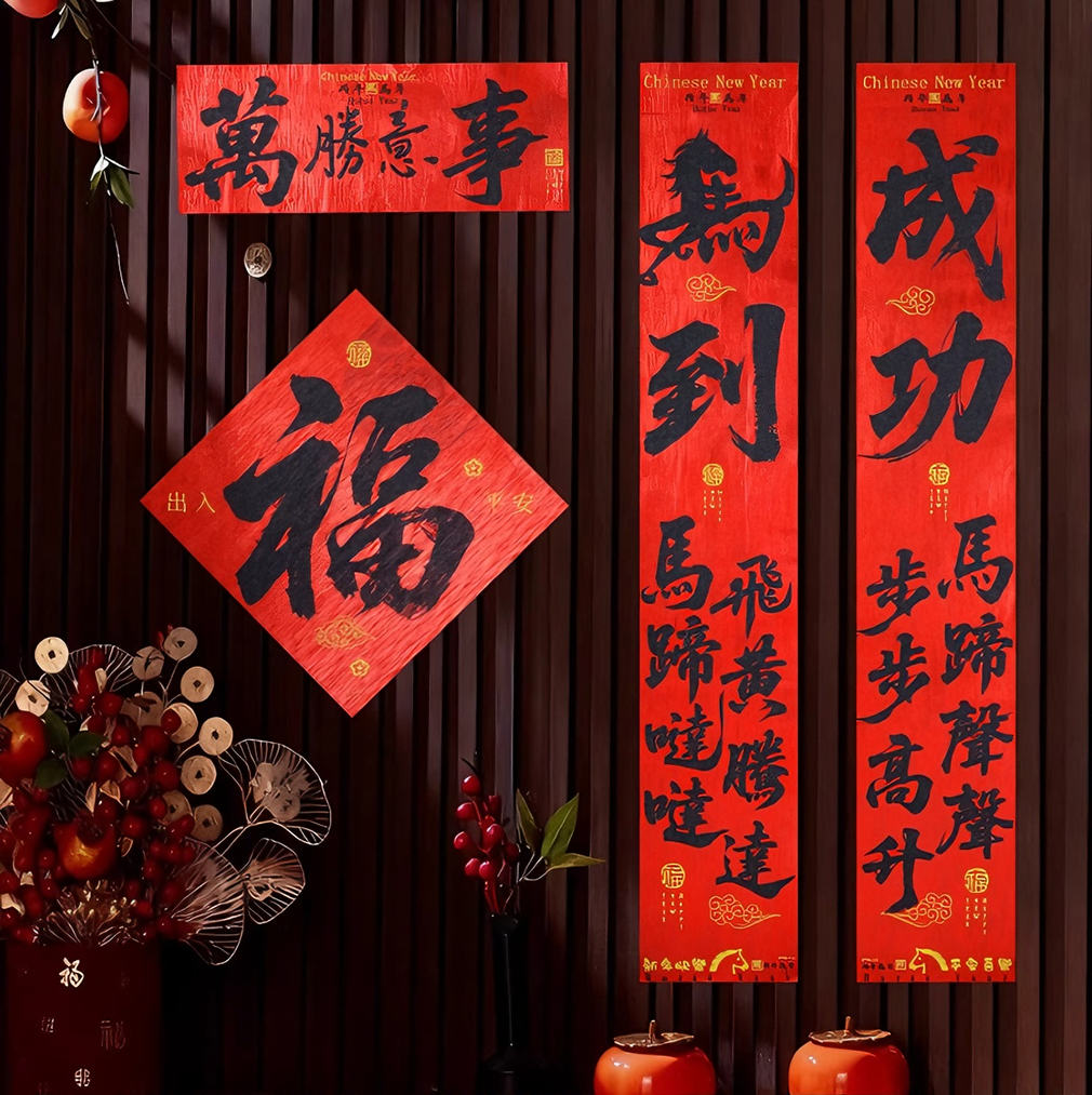 【国风书法】黑字2026新款马年对联高档绒布烫金春联大门生意联福字