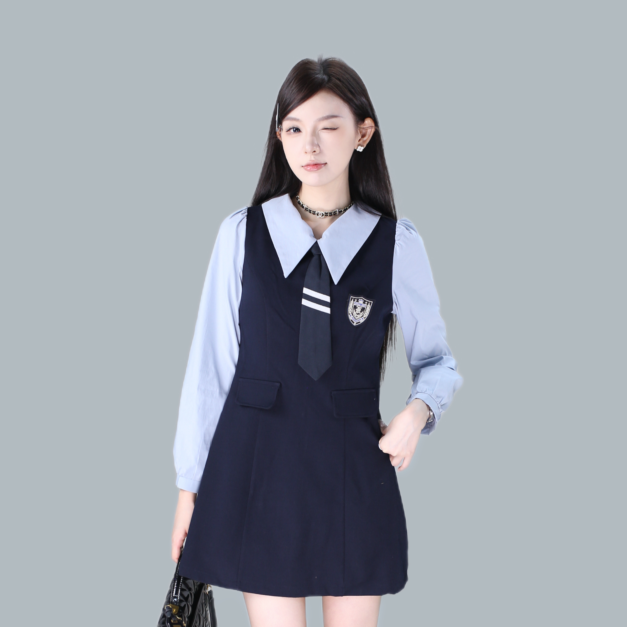 【秋装上新】秋季假两件拼接学院风微收腰气质显瘦长袖女连衣裙