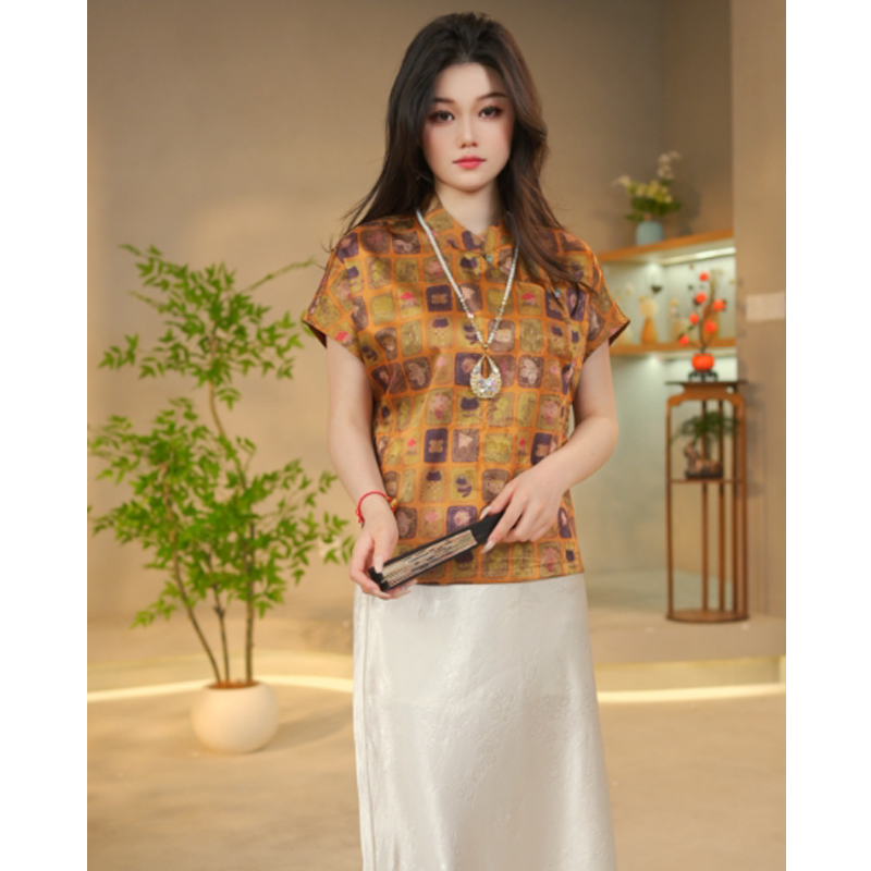2510新中式高端国风盘扣短袖衬衫气质斜门襟显瘦上衣
