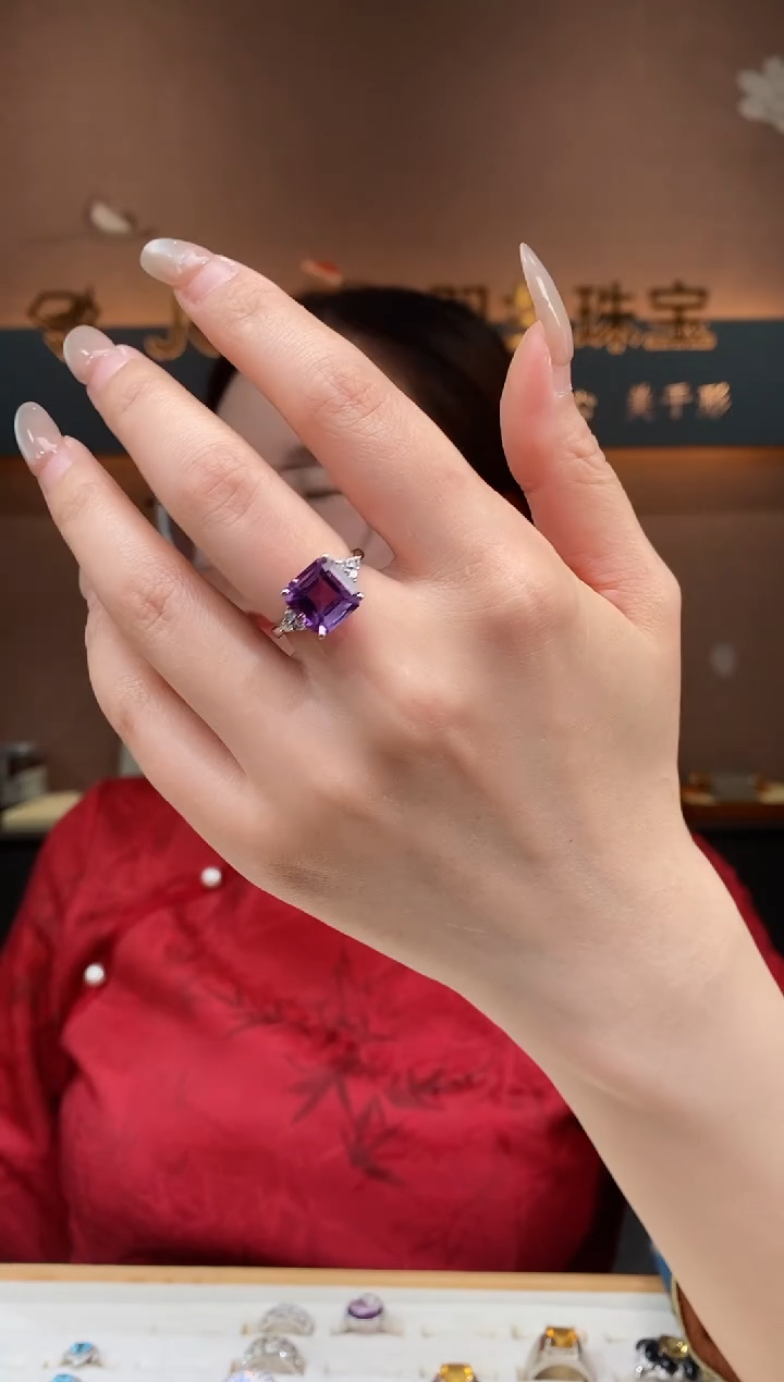 【闪购商品】紫晶戒指银S925镶嵌紫晶戒指 15#