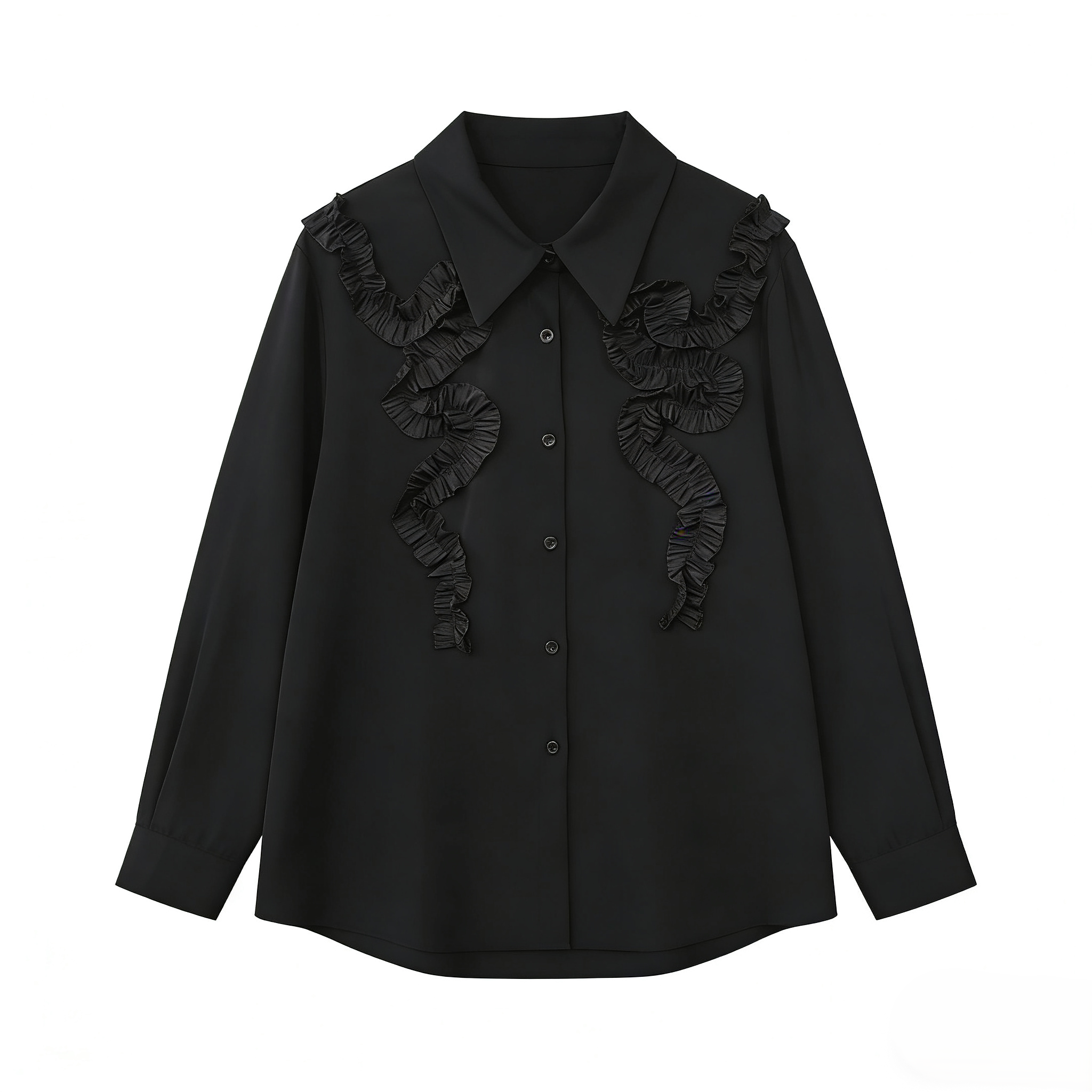 【045】不起球薄款常规珠片黑色衬衬衫百搭时尚黑色宽松