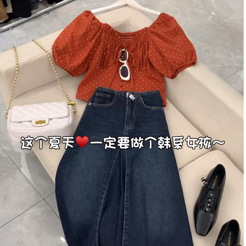复古波点系带泡泡袖衬衫女搭配牛仔长裙夏季2025流行穿搭一整套装