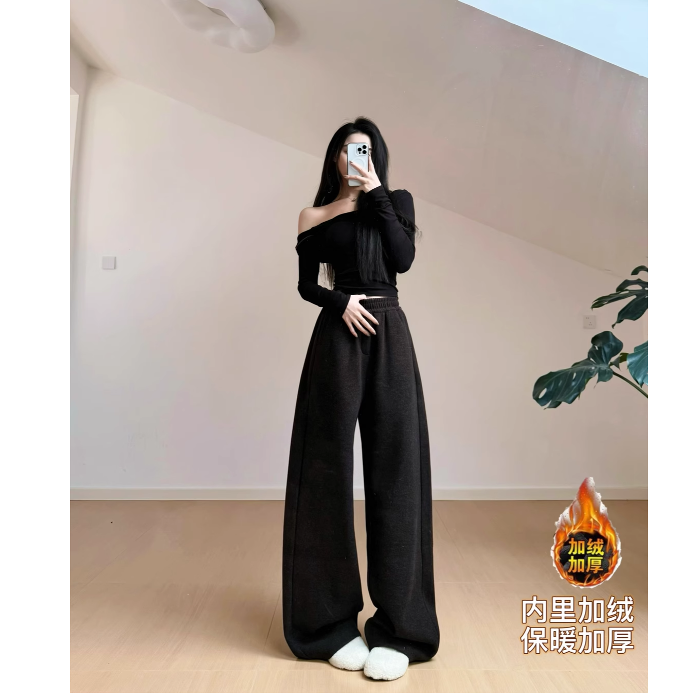 猫猫家加长女裤秋冬加绒加厚梨型身材弯刀裤WJ//1109