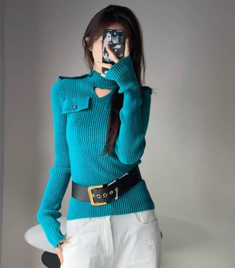 99新 BOTTEGA VENETA/葆蝶家 JW0194 湖蓝色三角罗纹针织毛衣 S码