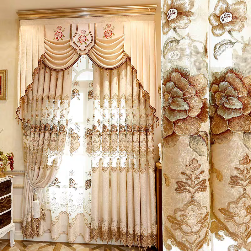 雪尼尔面料国色天香牡丹花刺绣中高端客厅阳台窗帘定制