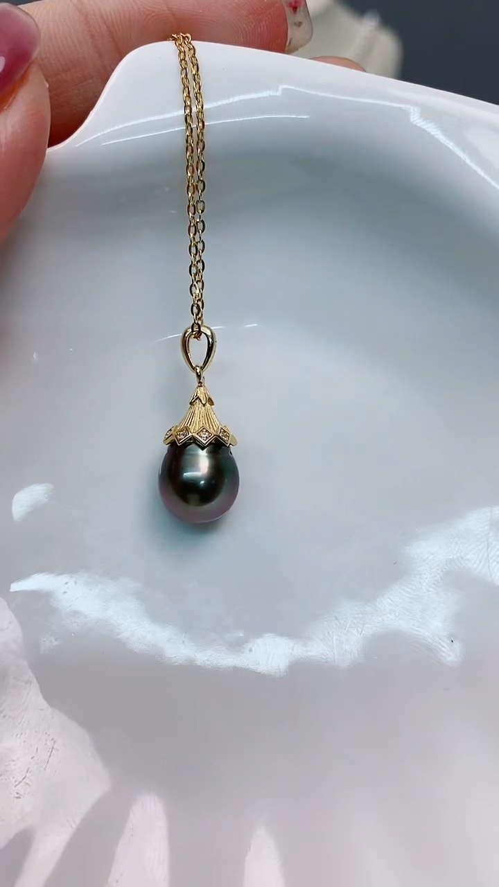 【闪购商品】海水珍珠吊坠(赠链)银S925镶嵌9-10大溪地黑珍珠吊坠