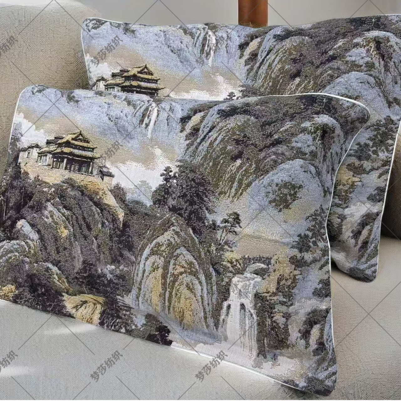 【龙纹墨香】提绣棉麻纱布枕套一对--50cm*80cm