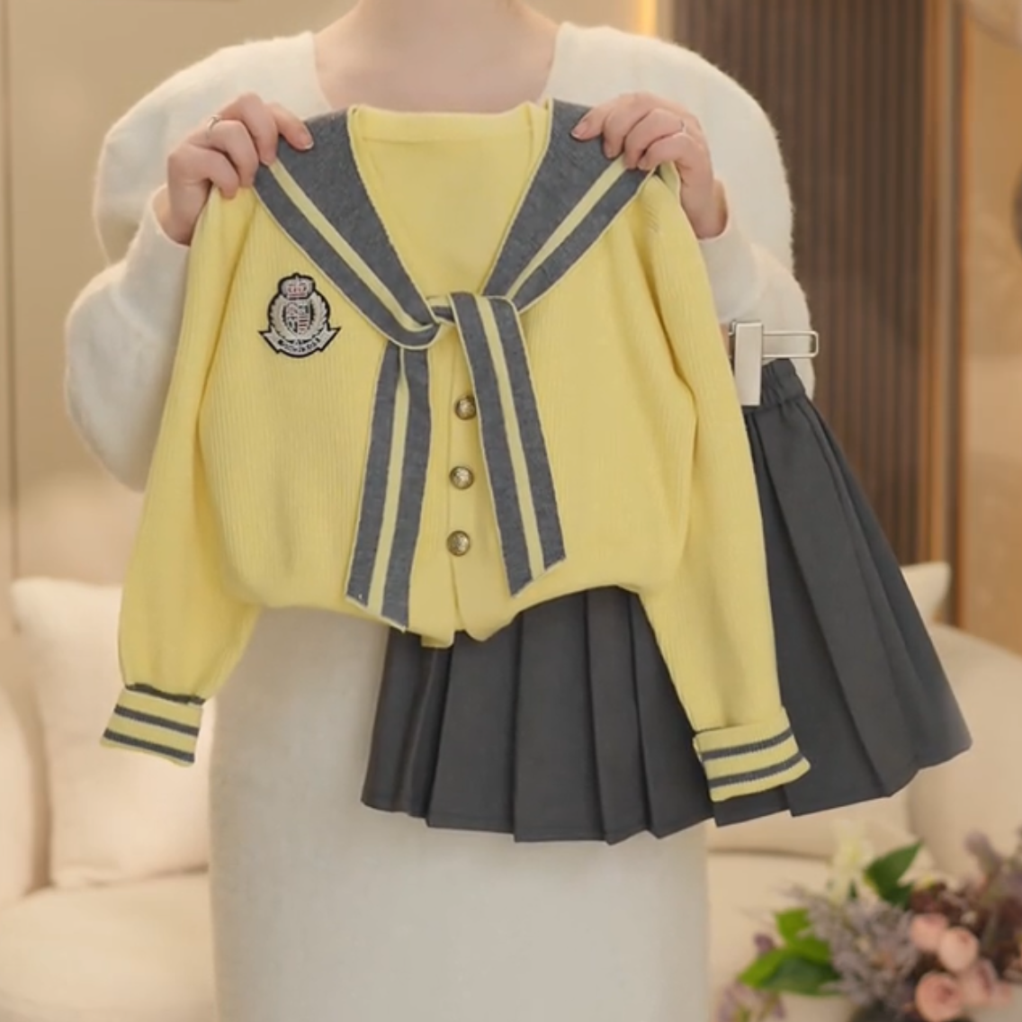 女童2025春季新款洋气时尚学院风披肩毛衣开衫百褶裙套装YY005