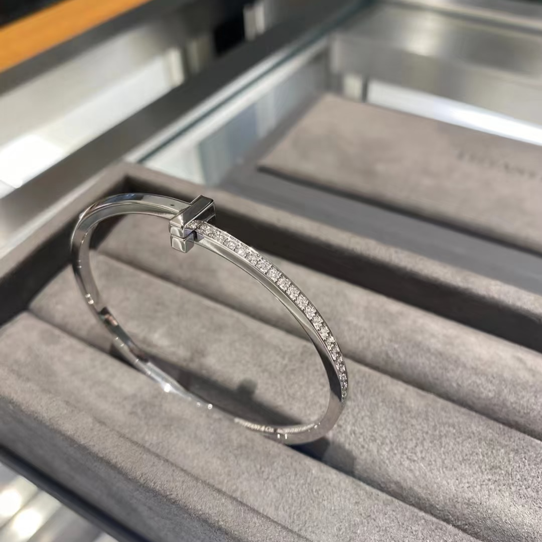 99新 Tiffany & Co./蒂芙尼 小花柳 T1 窄版 半钻手镯 18K白金