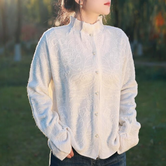 100羊毛秋冬宫廷绣花针织衬衫设计感荷叶袖宽松出游服装女毛衣