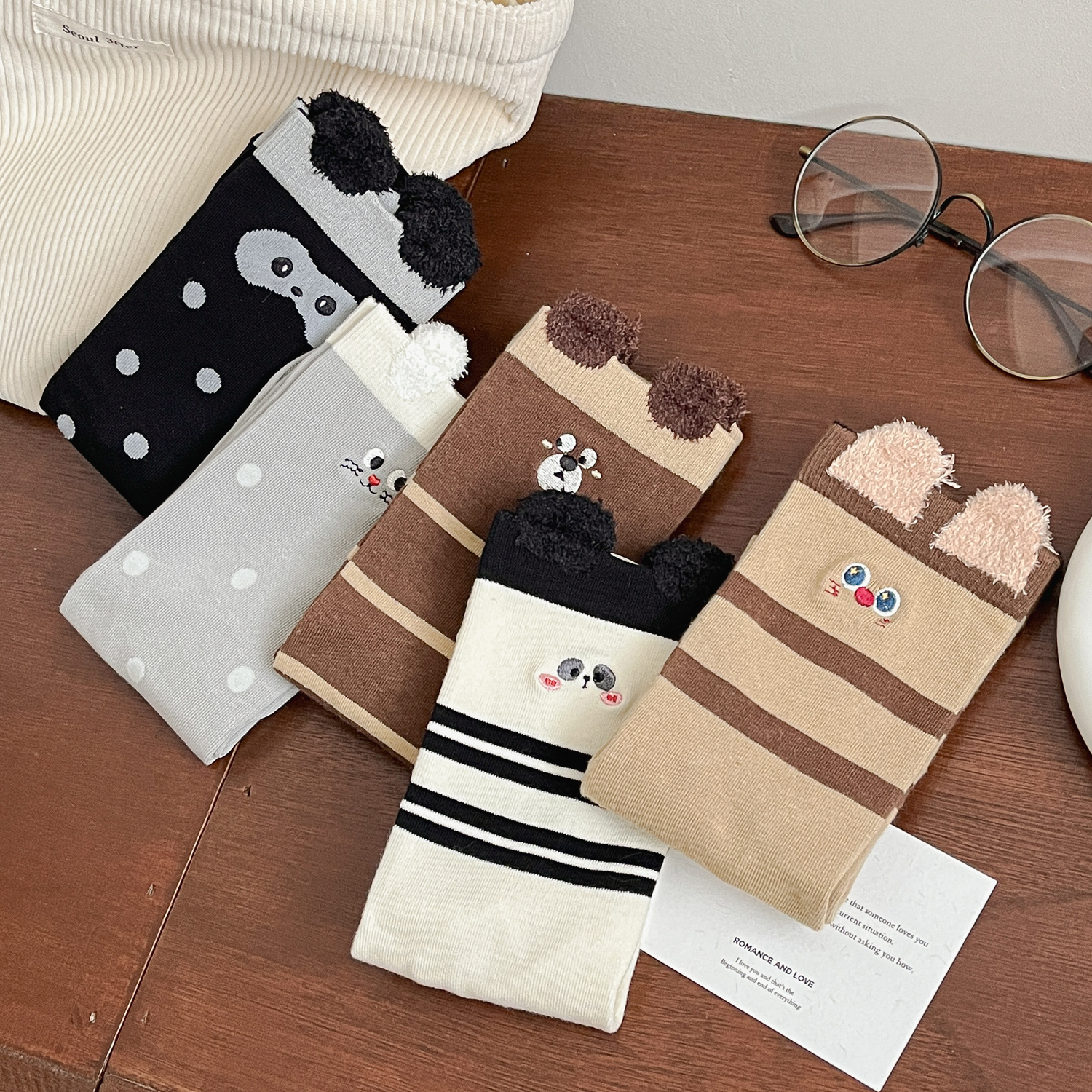 秋冬麻田日记直板刺绣动物表情女中筒棉袜