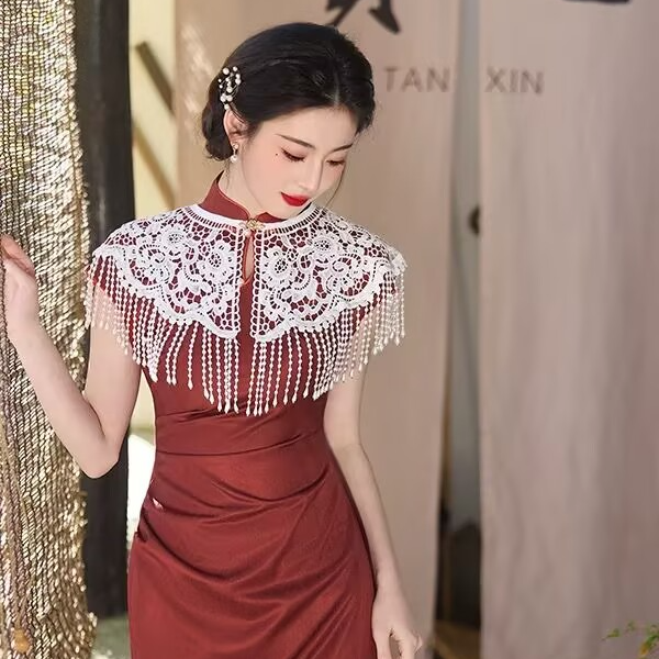 国风重工蕾丝珍珠吊坠流苏小披肩女春夏复古时尚旗袍礼服装饰披风