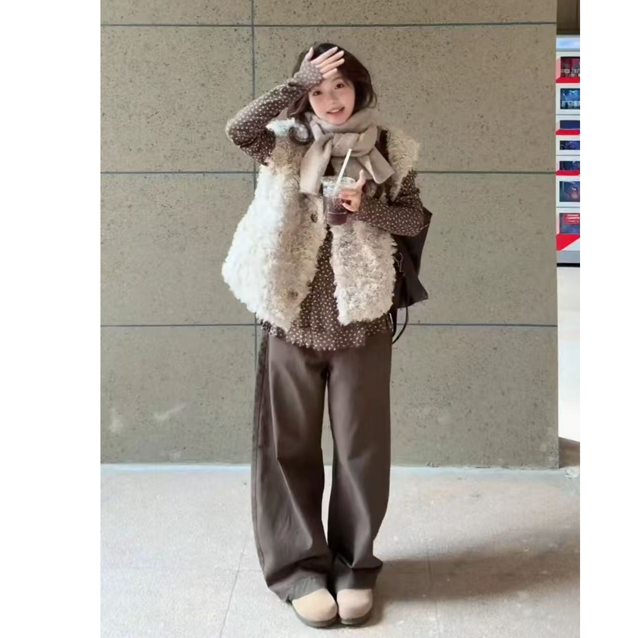 穿搭韩风一整套慵懒风复古毛毛马甲外套阔腿裤套装68515