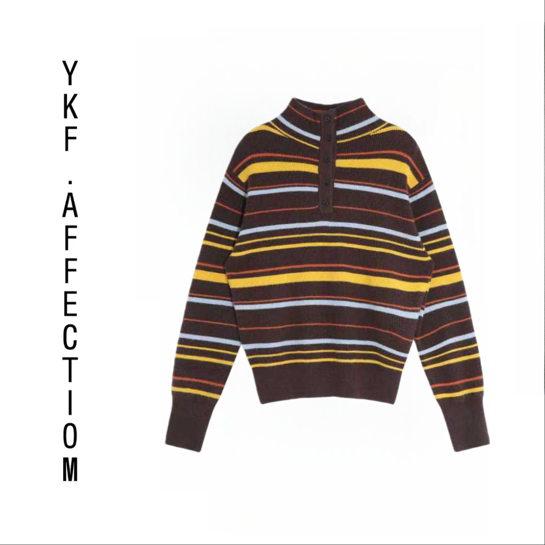 （丰富色毛衣）宽松半排扣小高领软糯复古撞色彩条纹11309