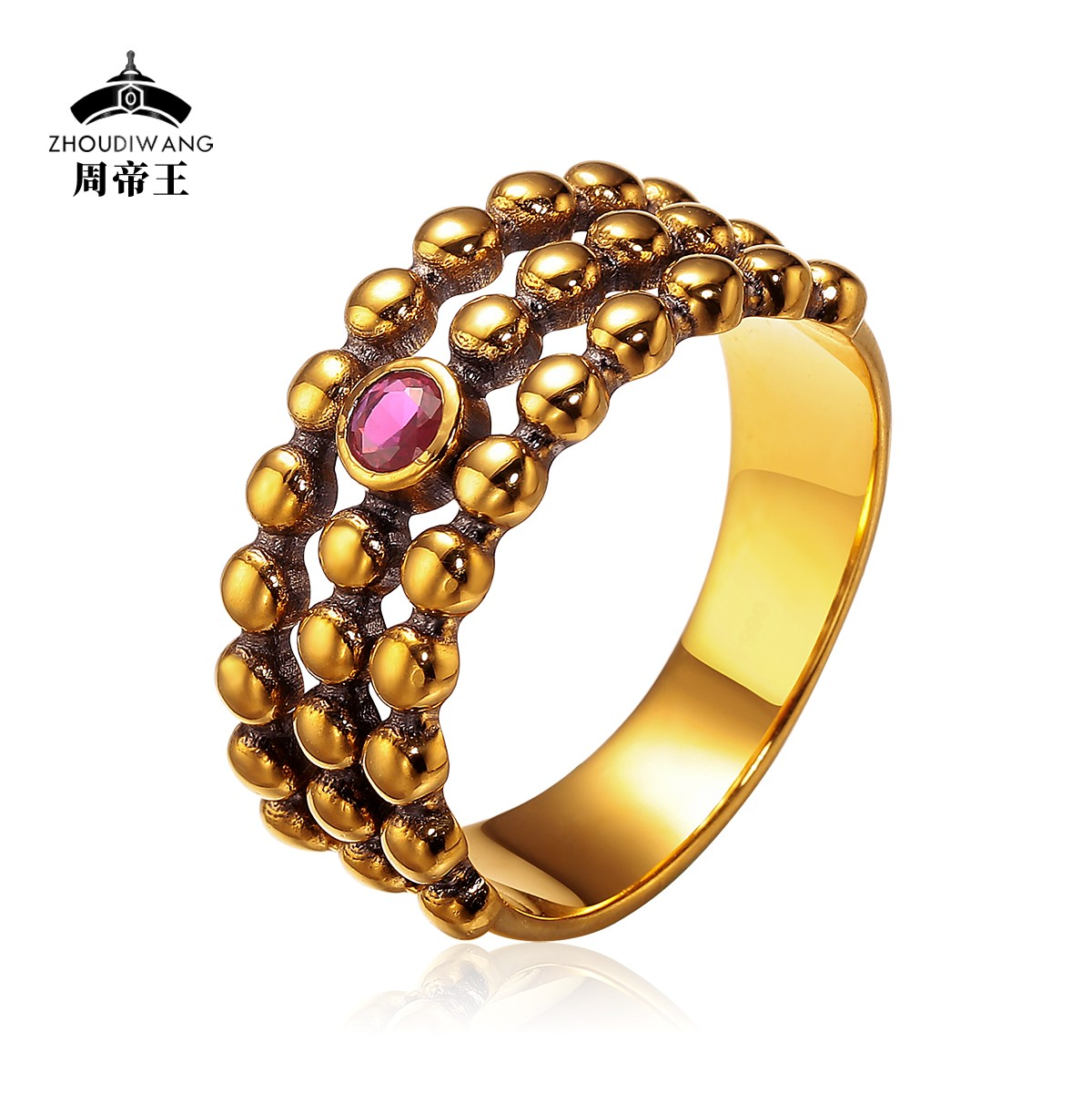 周帝王电黑工艺黄金小众复古黑金镂空多层足金戒指（卡码往大拍）
