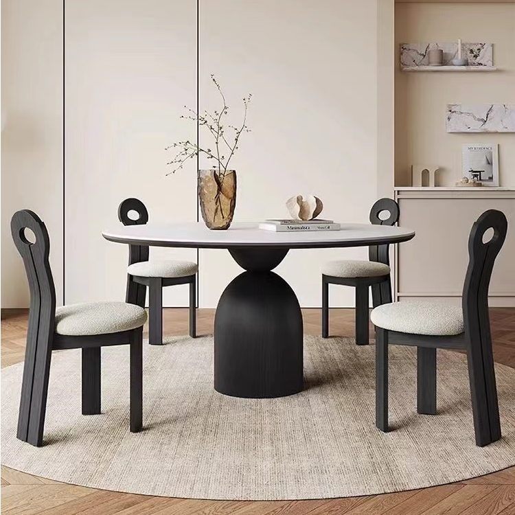 实木圆桌家用小户型中古餐桌北欧法式复古德利丰纯白圆形岩板餐桌