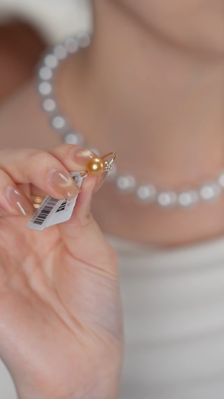 18K金镶嵌戒指海水珍珠金珠戒指8-9m