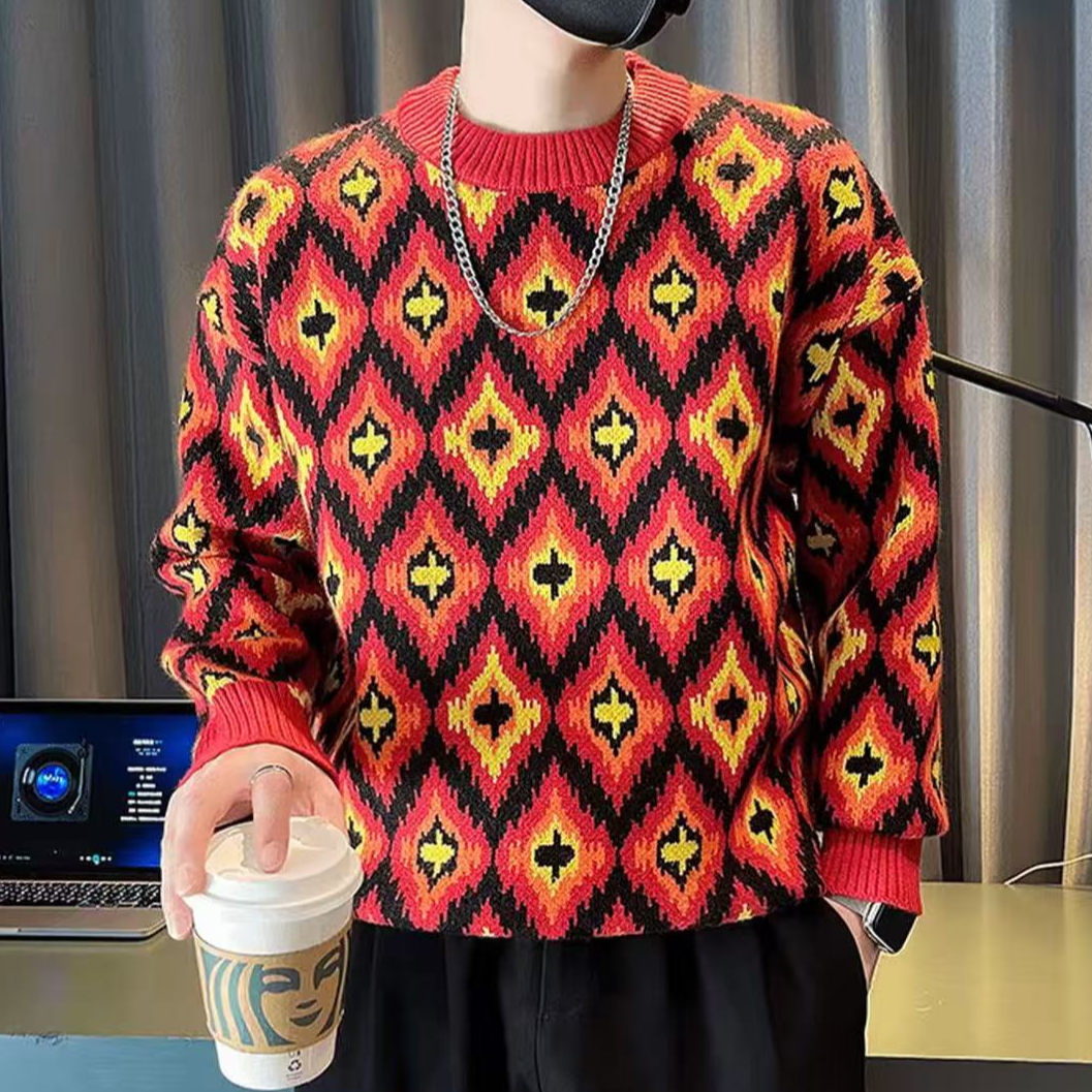【雅痞专属】冬季男士粗针加厚菱形花纹毛衣针织衫9919
