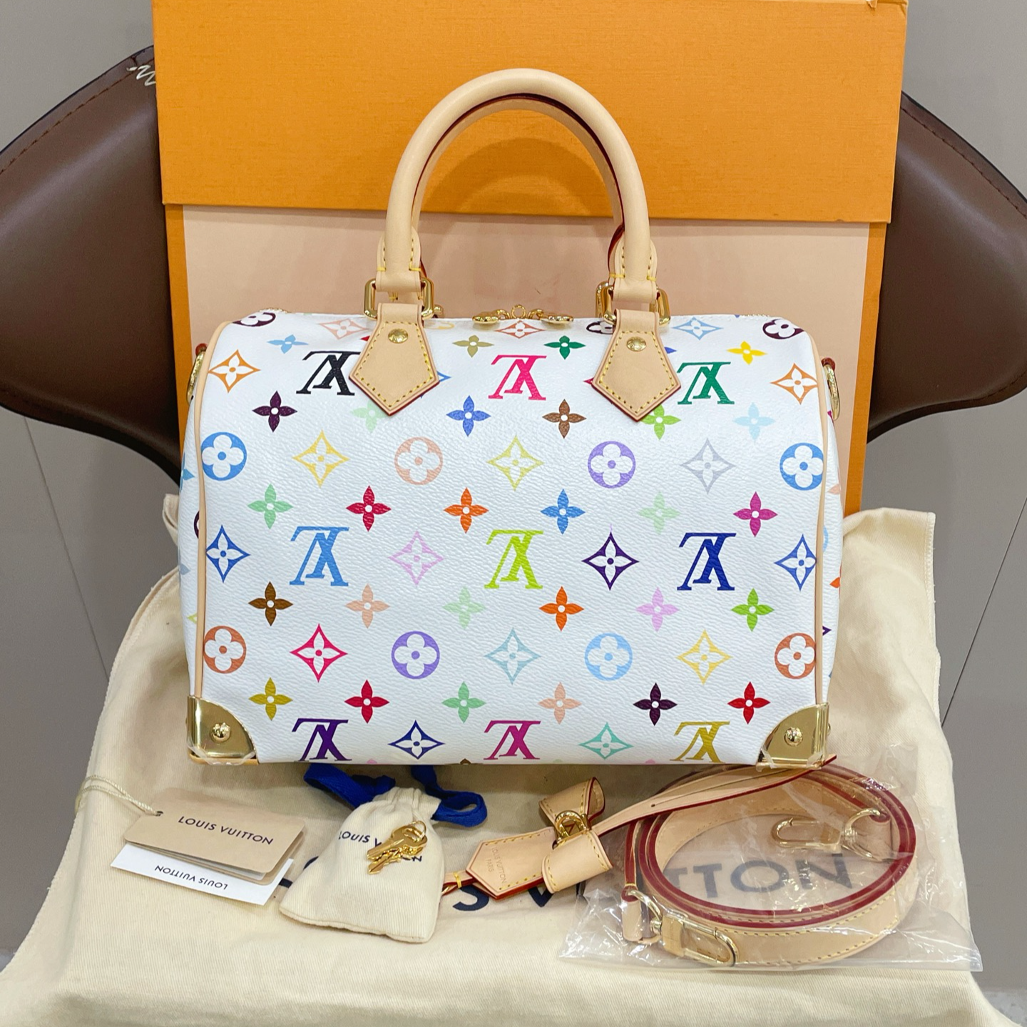 99新 LouisVuitton/路易威登 白三彩speedy25涂层帆布皮革枕头包