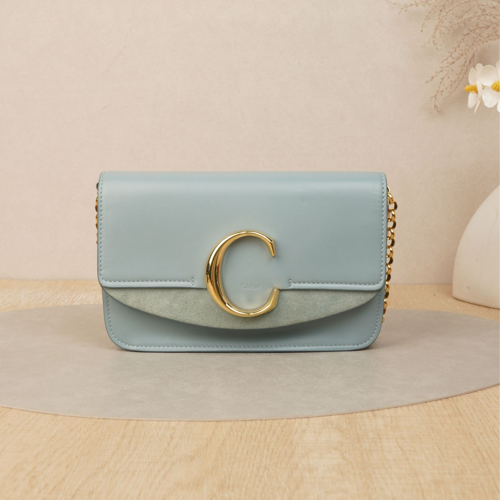 95新 Chloe/蔻依 蔻驰C bag链条包mini蓝色牛皮麂皮/DS041182