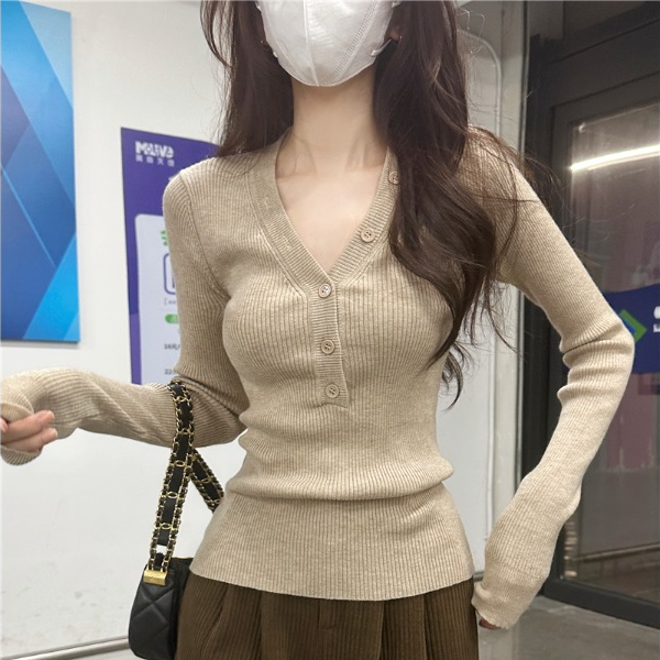甜辣妹修身V领长袖针织衫气质弹力女秋季设计感显瘦打底套头上衣