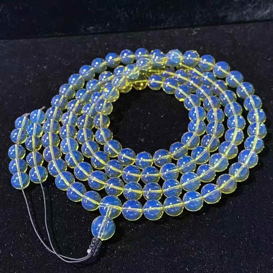 【108·佛珠】异色珀天空蓝纯天然无优化净水级圆珠多圈手链蓝珀项链