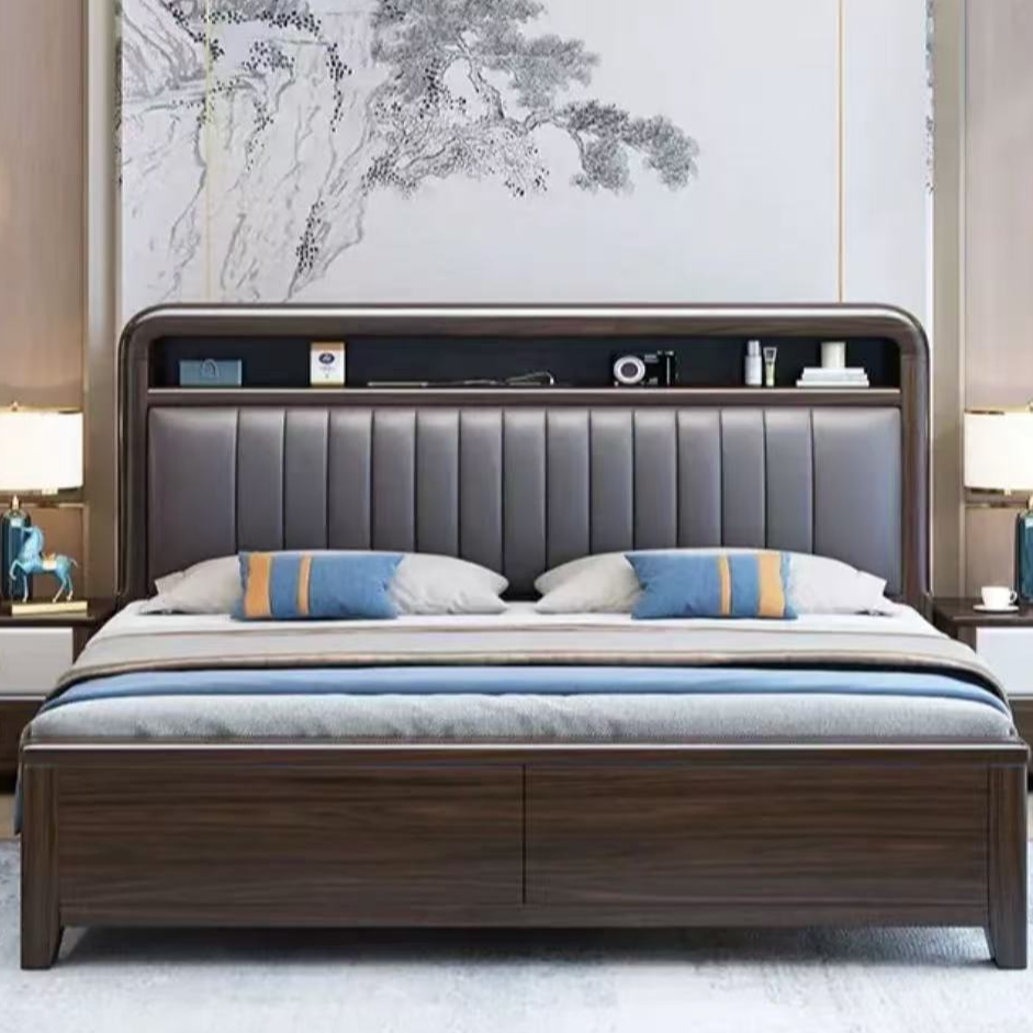 北美胡桃实木床1.8米x2米主卧大床储物软包主卧室大床家具家用