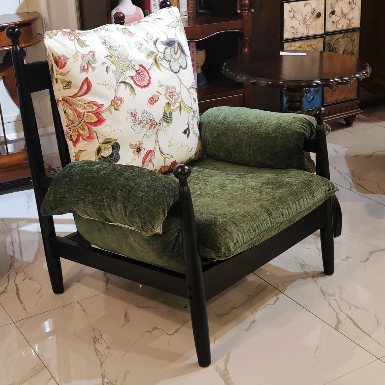 赤乌椅中古风单人沙发休闲椅家用法式设计师实木高靠背椅阳台椅